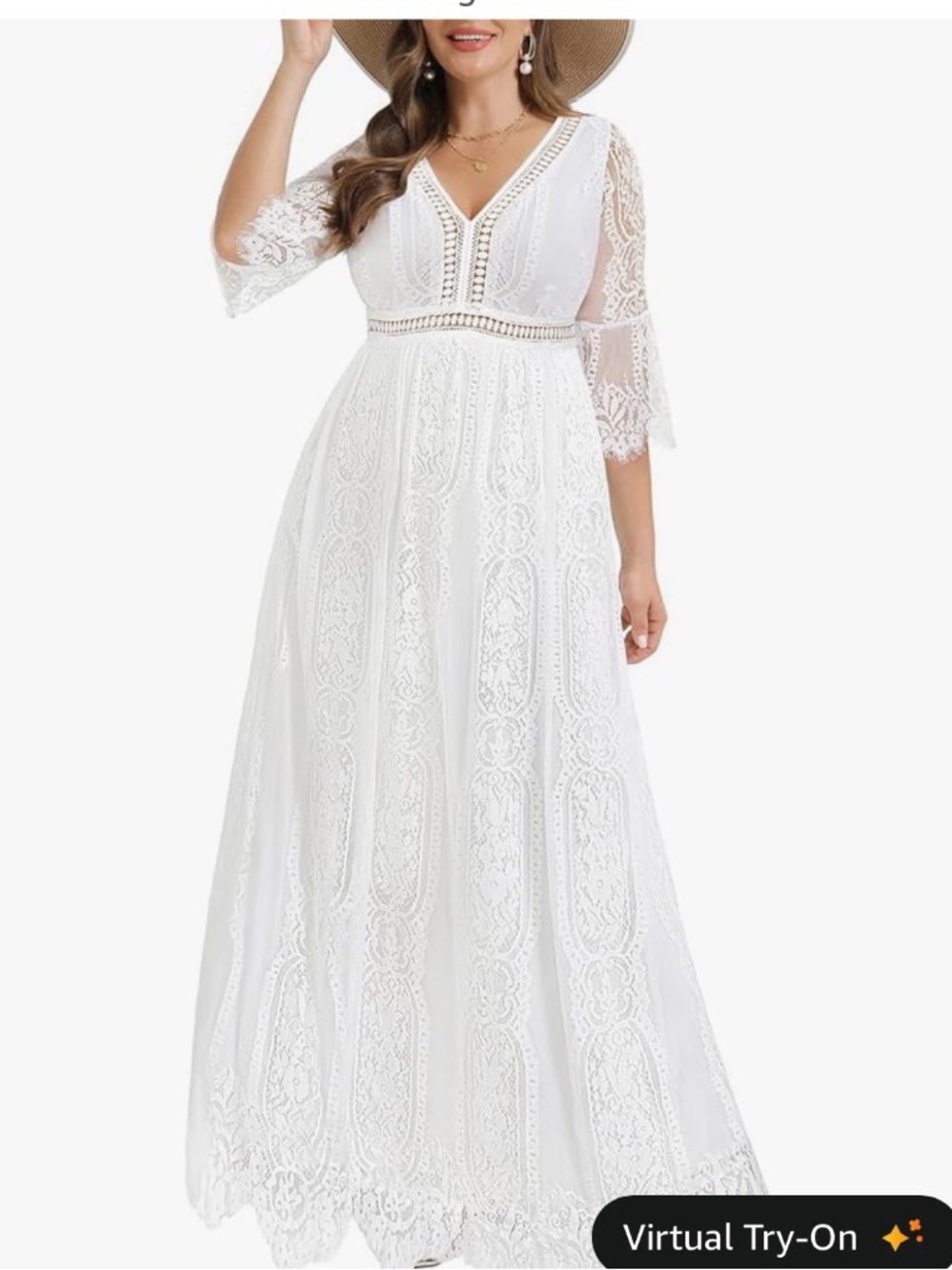 White Lace Maxi Dress with V-Neck and Sheer Sleeves